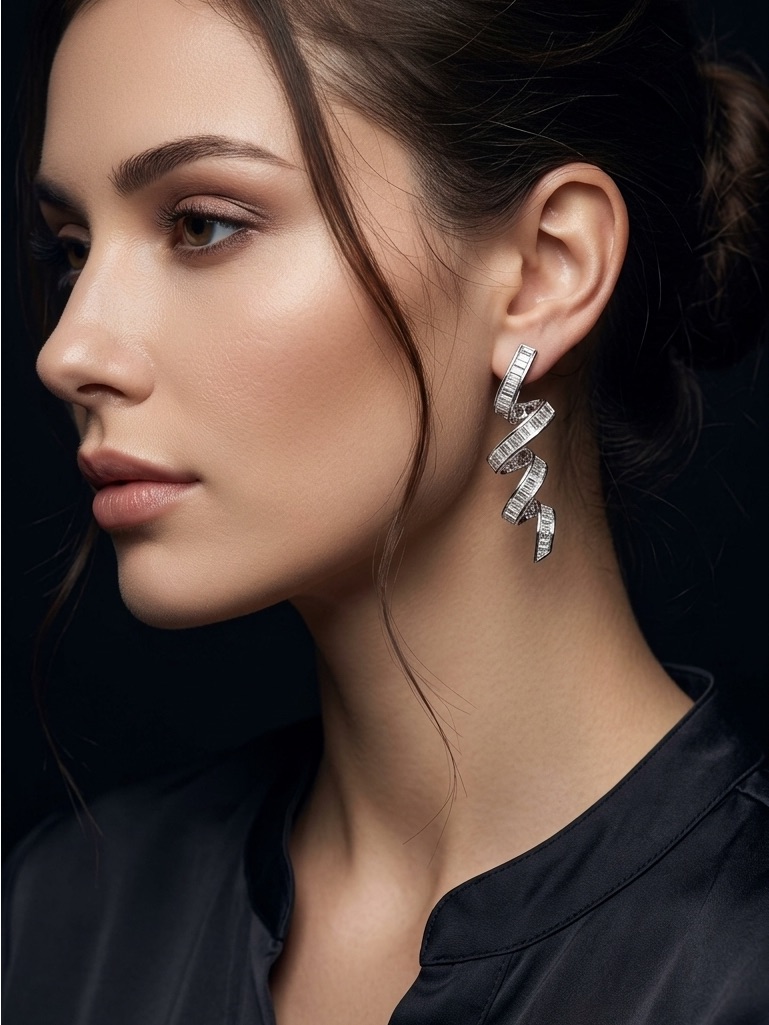 18k Gold Plated American Diamonds (Zirconia) Spiral Baguette Earrings In Silver